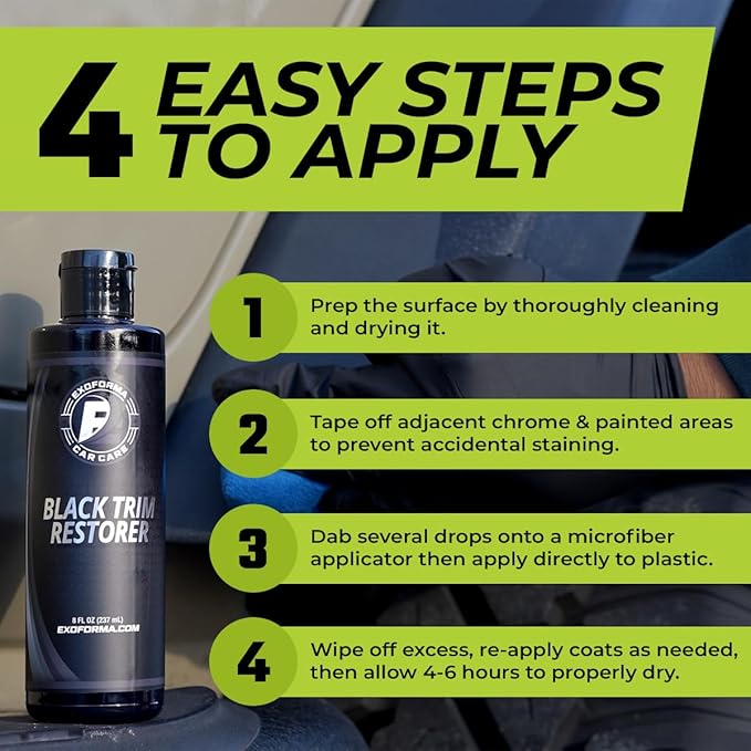 ExoForma Black Trim Restorer - Lasts 6+ Months, Dye Infused Waterproof Plastic Restorer for Cars - Perfect for Faded Bumpers, Trim & Vinyl on Jeeps, Truck Beds, Avalanches & ATVs | 4oz Kit