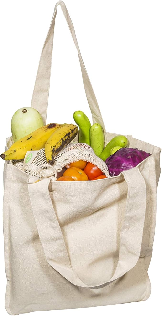 Best Canvas Grocery Shopping Bags with Bottle Sleeves - Cloth Tote Shopping Bags Heavy duty and Premium - Reusable Grocery Tote Bags - Washable & Eco-friendly Wine Bags with Handles (1 Bag)