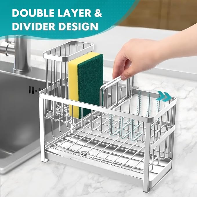 Sinnsally Kitchen Sponge Holder, 2-Tier Sink Caddy Organizer with Tall Brush Holder, Stainless Steel Sink Box Dish Scrubber Holder, Soap Tray for Kitchen Counter Accessories & Storage Rack (Silver)