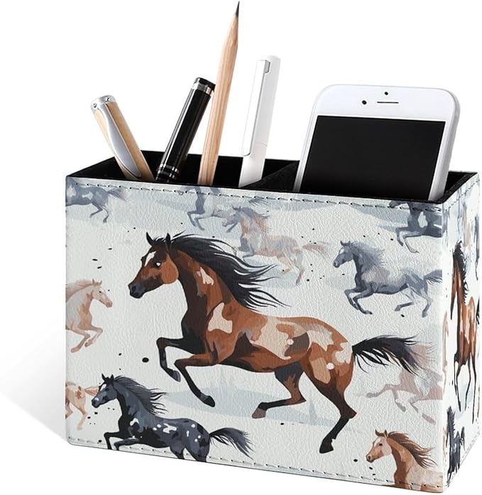 Famame Running Brown Horse on Snow Pencil Holder for Desk, Leather Desktop Container Pen Cup Storage Study Table Pen Organizer Makeup Brush Holder for Classroom Office Home
