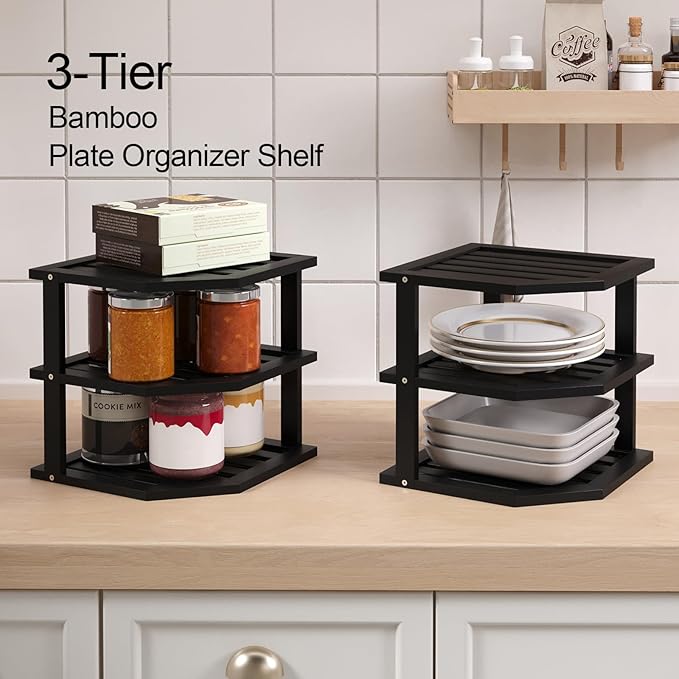 VERTORGAN 3 Tier Bamboo Corner Shelf (4 Pack), Dish Drying Rack, Plate Organizer, Kitchen Spice Rack for Countertop and Cabinet (Black)