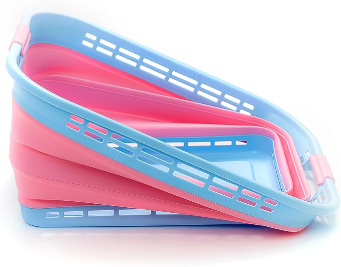 SAMMART 42L (11 Gallons) Collapsible Plastic Laundry Basket - Foldable Pop Up Storage Container/Organizer - Portable Washing Tub - Space Saving Hamper [BPA Free] (Cool Blue/Maglia Rosa (Set of 2))
