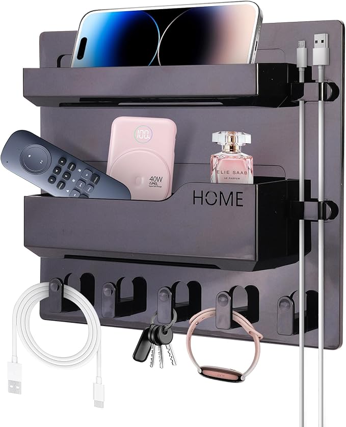 Bedside Shelf Wall Mount, Adhesive Bedside Shelf Accessories Organizer with Hooks and Cable Clips,Dorm Bedside Wall Storage for Phone, Remote, Earphone, Kindle,Plastic (5 Hooks Style-Black)