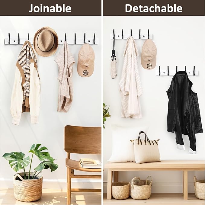 Coat Rack Wall Mount, 16.5 Inches Wood Coat Hooks Wall Mount, Wall Coat Rack with 5 Hooks, Hat Rack Wall Hooks for Hanging Coat, Bag, Towel (2Pack, White)