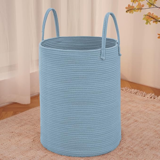 Large Woven Laundry Basket Hamper, 80L Cotton Rope Storage Bin for Blankets, Toys, and Clothes, Decorative Tall Nursery Hamper for Living Room, Baby Nursery, Bathroom, and Bedroom, Blue