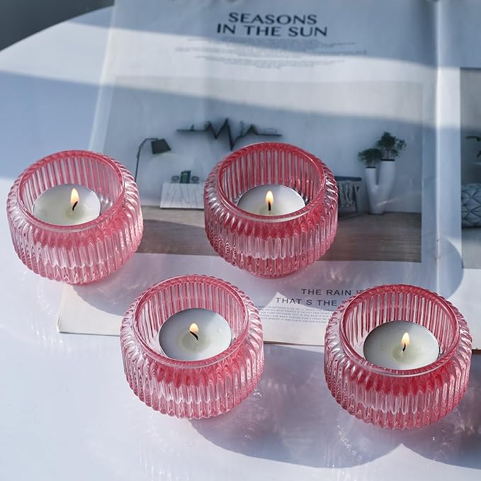 Woho Pink Candlestick Holders for Taper Candles Set of 4, Glass Taper Candle Holders Bulk for Birthday Party, Tea Lights Candle Holder for Wedding Festival