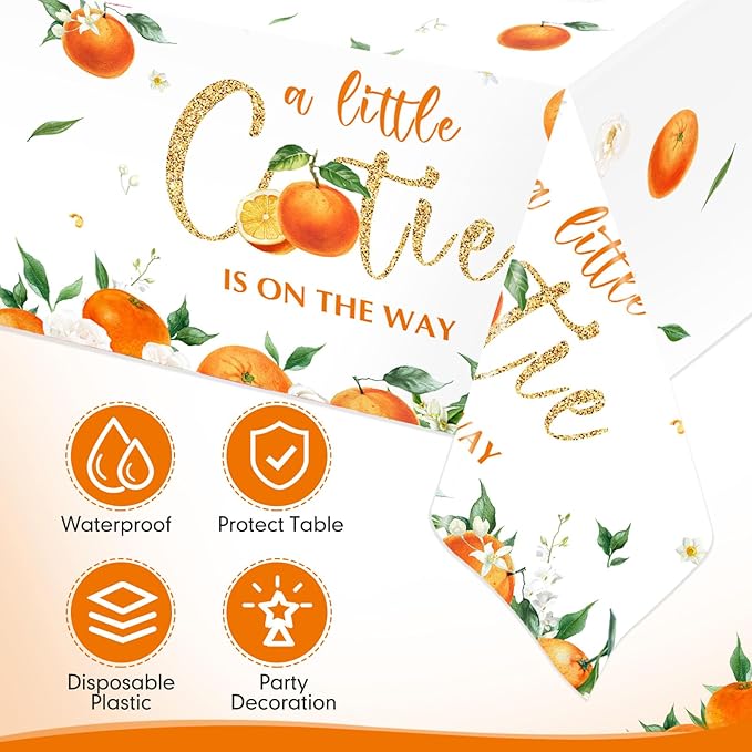 Ganeen 3 Pcs Little Cutie Baby Shower Tablecloth Disposable Plastic Tangerine Tablecloth Little Cutie Is on the Way Table Cover for Baby Shower Decor Orange Fruit Birthday Party Supplies 54 x 108 Inch
