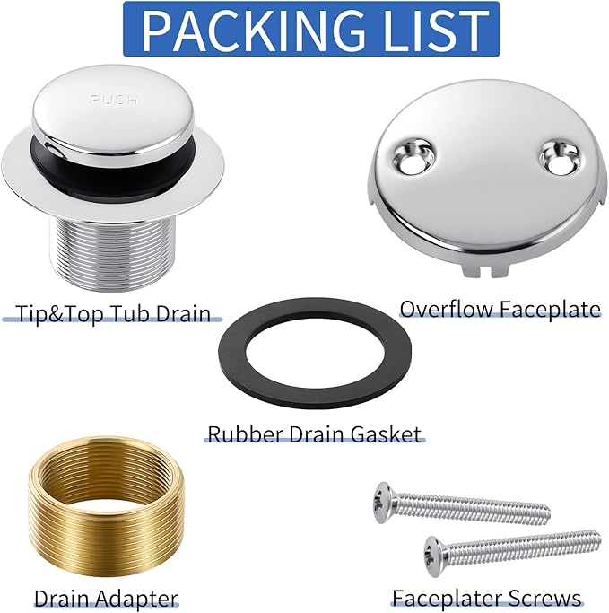Chrome Bathtub Drain Tip-Toe Tub Trim Set with Two-Hole Overflow Faceplate Bathroom Tub Drains Replacement Conversion Tub Drain Kit Assembly with Universal Fine & Coarse Thread
