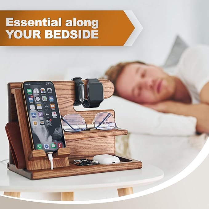 TESLYAR Wood Phone Docking Station Ash Key Holder Wallet Stand Watch Organizer Men Christmas Gift Husband Wife Anniversary Dad Birthday Nightstand Purse Father Graduation Male Idea Gadgets (Beige)
