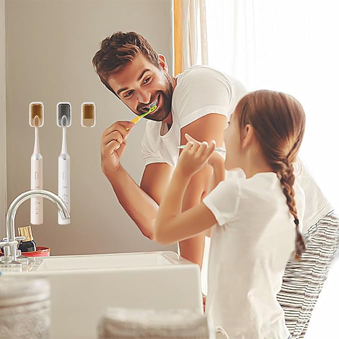 2 Pack Toothbrush Holders for Bathroom, Self Adhesive Wall Mounted Toothbrush Holder with Cover, Single Toothbrush Dispenser Storage Organizer for Family, Travel, Waterproof and Dustproof (Brown)