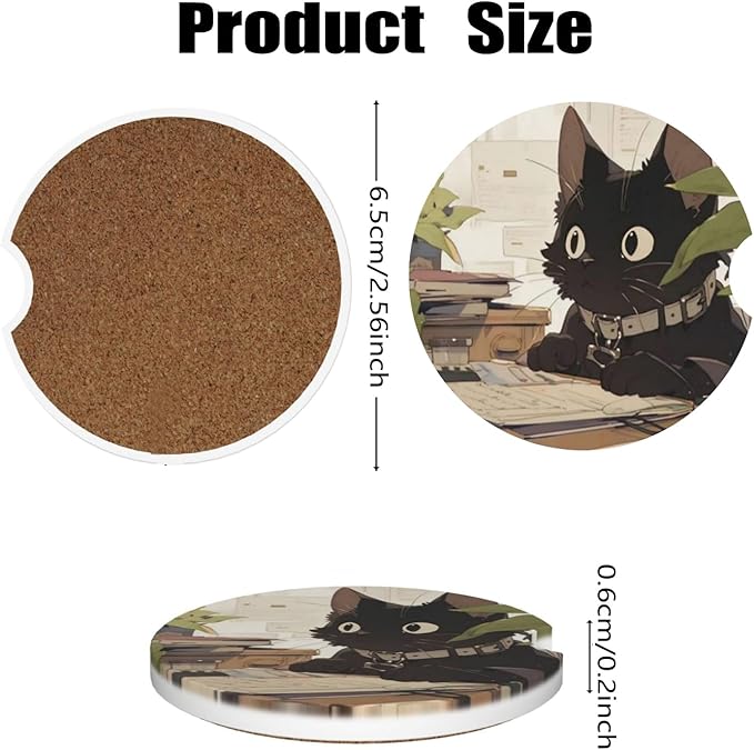 Car Cup Holder Coasters, 2 Pcs Ceramic Coasters with Cork Back and Finger Slot, Anti-Slip Shock Absorbing Women and Men Universal Car Accessories - Wide-Eyed Cat