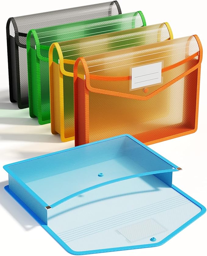 ThinkTex Plastic Expanding File Folder, Transparent Envelopes with Snap Closure, No Dividers, Large Capacity, Assorted Colors, Fits Letter / A4 Size - 5 Pack
