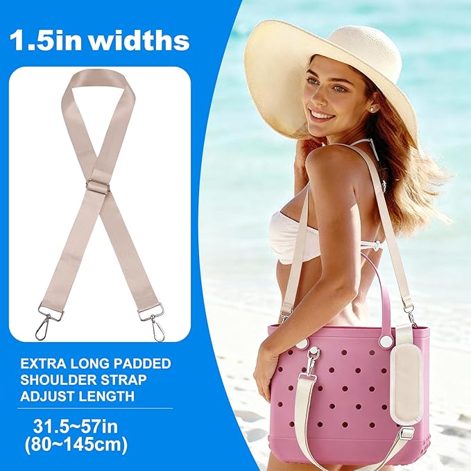 FAMJOALE Comfortable Strap Wrap for Bogg Bag, Adjustable Widened Crossbody Shoulder Long Straps with Rustproof Metal Connectors, Premium Non-Slip Leather Handle Wrap for XL Medium Small, Beige