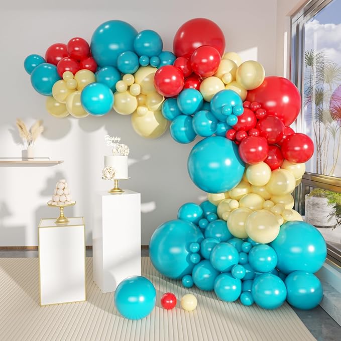MEBAY Teal Balloons Garland Arch Kit, 156Pcs Turquoise Blue Macaron Yellow Red Latex Balloon Different Sizes 18 12 10 5 Inch for Birthday Baby Bridal Shower Wedding Party Backdrop Decorations