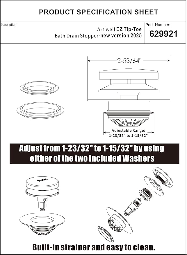 Artiwell Tub Drain, 2 in 1 Pop-up Bathtub Plug with Hair Catcher, Easy Installation Bath Drain Stopper with Strainer, Brushed Nickel