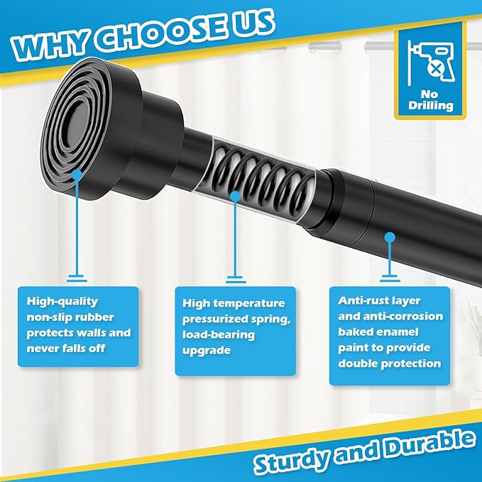 2pcs Spring Tension Rods 33 to 45 inch Adjustable Small Tension Curtain Rod No Drilling Expandable Tension Rod Black Spring Loaded Curtain Rods for Windows, Doorway, Closet