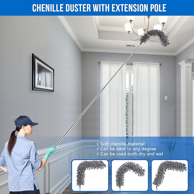 UIMO Microfiber Feather Duster Kit with Extension Pole (30–100") – Bendable Washable Heads, Extendable Dusters for Cleaning Ceiling Fan, High Ceiling, Blinds, Furniture & Cars (5 Pcs)