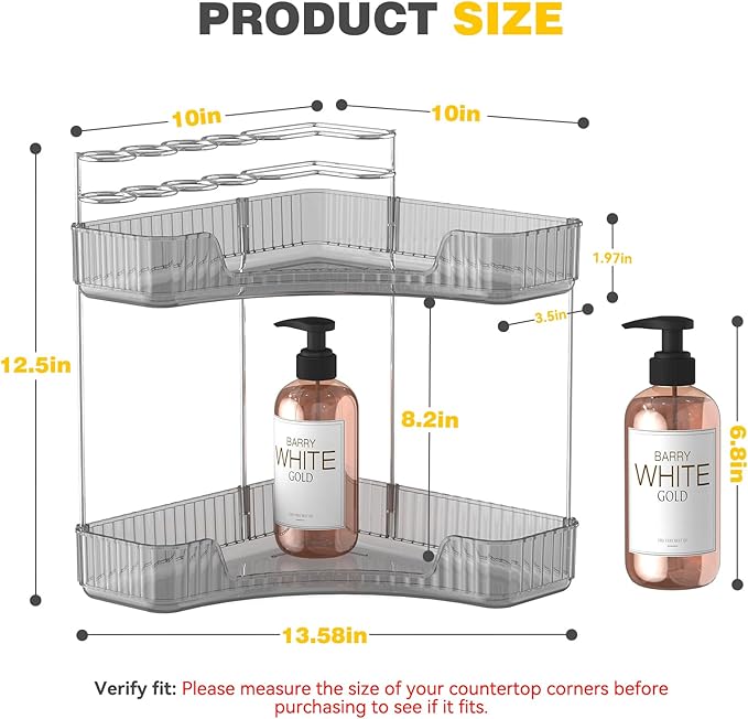 2-Tier Corner Bathroom Counter Organizer with Top Toothbrush Holders, Large Makeup Organizer Countertop with Brush Holder, Skincare Organizers Corner, Exquisite Vanity Organizer (Gray, 2 Tier)