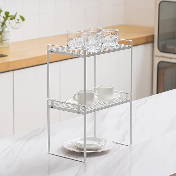 Shantton 2 Pack Kitchen Cabinet Shelf Counter Organizer Rack Pantry Storage Bathroom Bedroom Office Table Desk Space Saving Stackable Rust Resistant Non Slip White Tall Wide L13.1in W10.6in H9.5in
