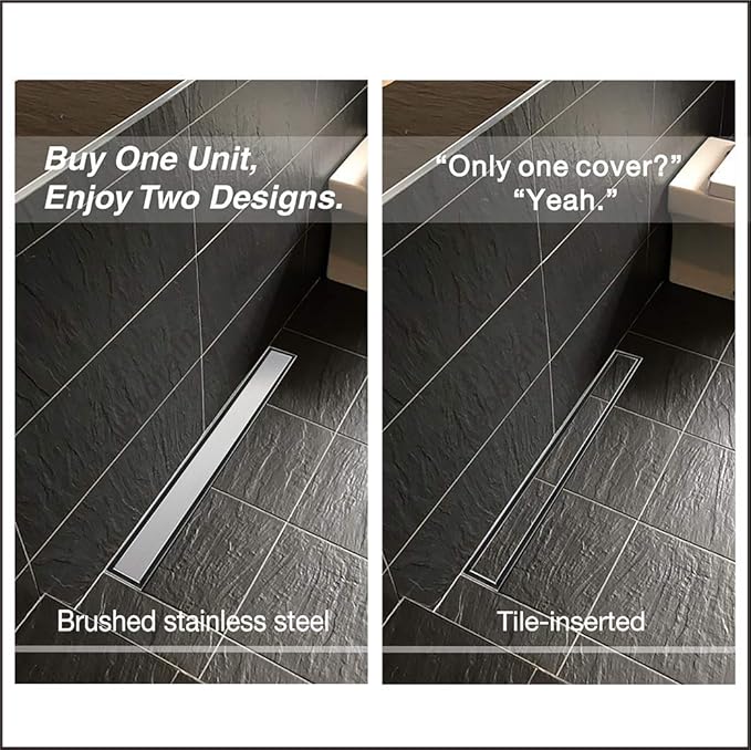Neodrain 18-Inch Linear Shower Drain - with 2-in-1 Flat & Tile Insert Cover, Brushed 304 Stainless Steel Rectangle Shower Floor Drain, Floor Shower Drain