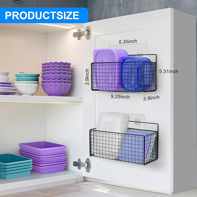 2 Pack Large Adhesive Cabinet Organizer - Lid Organizer Inside Cabinet Wall Mounted Pantry Door Caddy for Food Container Lid Kitchen Under Sink Basket