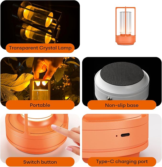 Portable Metal Table Lamp for Indoor/Outdoor ,Rechargeable Cordless LED Lamp, 3-Colour Infinitely Dimming Battery Powered Small Desk Lamp, Restaurant/Bedroom/Bar/Coffee/Camping Light (Orange set of 2)