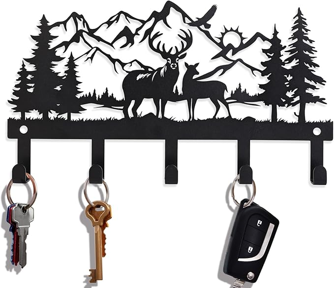 Deer Mountain Metal Key Holder Wall Mount Key Holder for Wall Rustic Cabin Decor Key Rack Hooks Hanger Woodland Wildlife Wall Art Entryway Organizer Housewarming Hunting Gifts