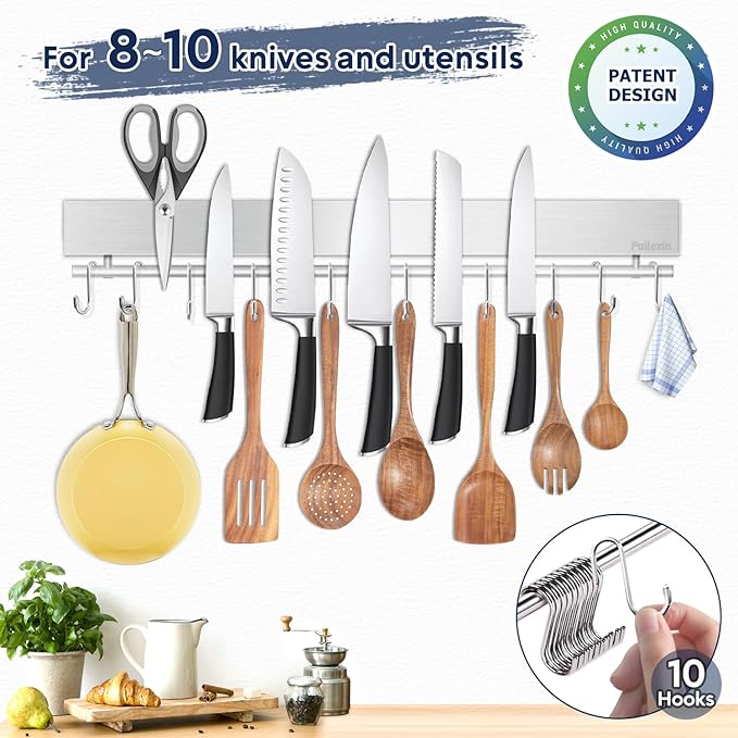 20 inch magnetic knife holder with 10 hooks, no drilling knife magnetic strip, and utensil hanger for wall. Powerful knife magnet rack includes tape and screws