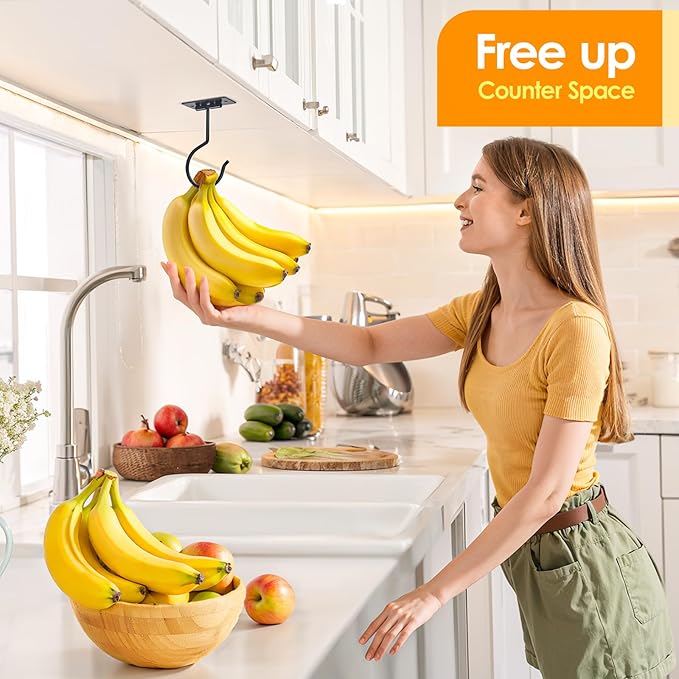 2PCS Self Adhesive Banana Hook Under Cabinet Foldable Banana Hanger Black Metal Under Counter Banana Hook to Keep Bananas Fresh Banana Holder for Kitchen RV Space Saving