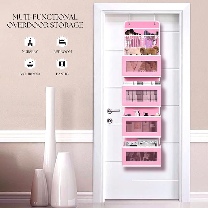 Over Door Organizer with 4 Large Capacity Pockets, Hanging Organizer Storage for Closet Bathroom Nursery Bedroom Dorm, Toys Cosmetics Sundries and Baby Essentials, Pink