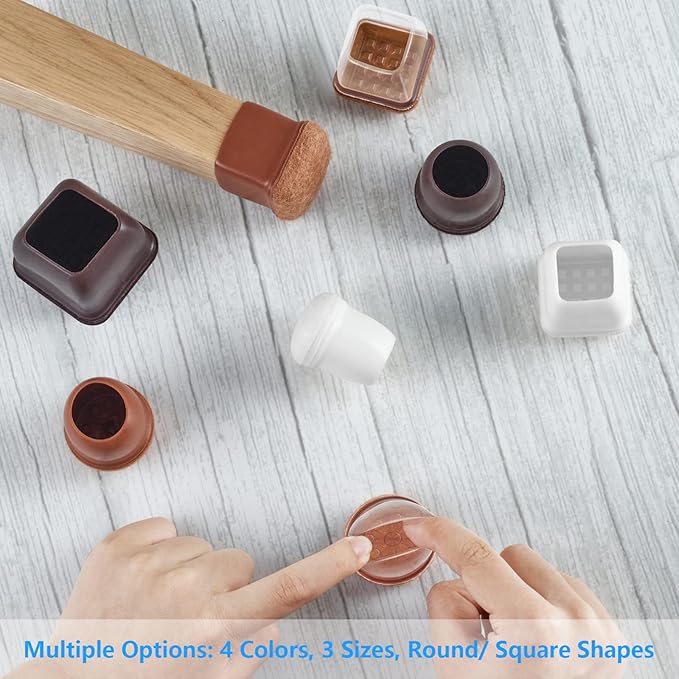 16 Pack Chair Leg Floor Protectors for Hardwood Floors, Round Rubber Furniture Sliders, 360°Felt Pad Bottom Wrapped Thickening Silicone Furniture Legs Caps Covers(Square,Clear-Brown-M)