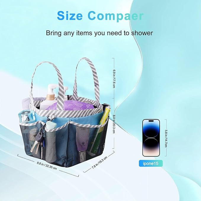 Haundry Mesh Shower Caddy Portable for College Dorm Room Essentials, Shower Caddy Tote with 8 Pockets Large Capacity, Shower Bag for Beach, Swimming, Gym, Light Blue