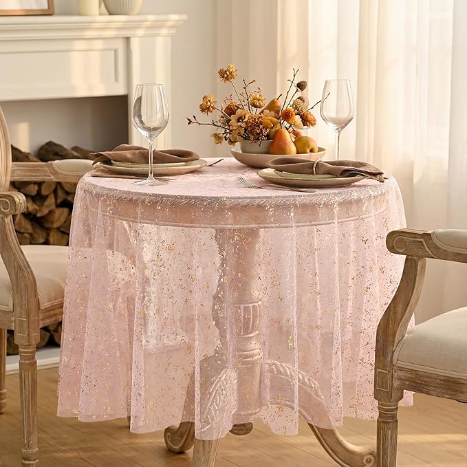 Horaldaily Pink Gold Gauze Tablecloth 60x60 Inch Round, Golden Sequin Glitter Metallic Foil, Sheer Tulle Cheesecloth for Wedding Baby Shower Ceremony Birthday
