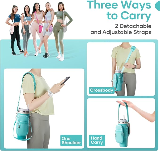 linmaya Water Bottle Carrier Bag for Stanley Cup 40/30oz with Phone Holder Pockets, Neoprene Water Bottle Cross-body Bag with Adjustable Shoulder & Hand Strap Stanley Cup Accessories