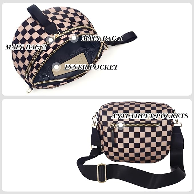 Checkered Crossbody Bag Bum Bag for Women, Spacious Sling & Stylish Bum Bag for Travel, Concerts, Festivals, Nylon Fanny Pack Belt Bag