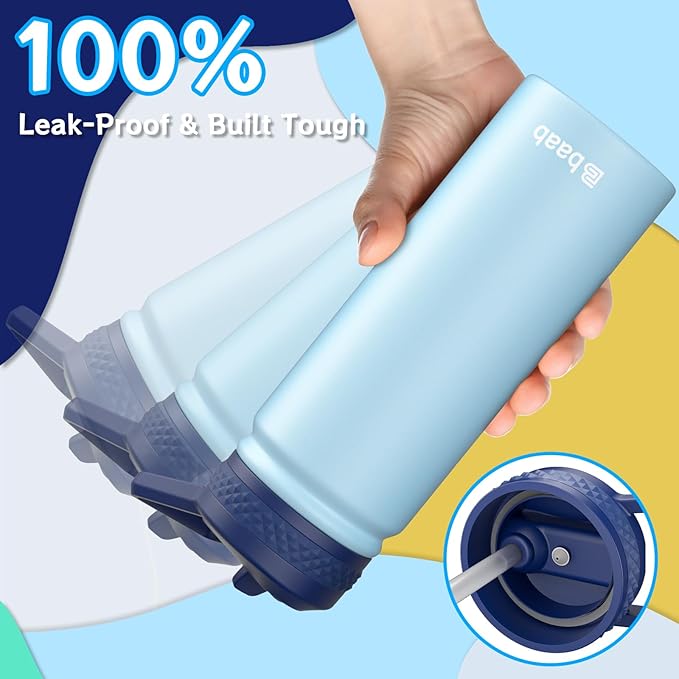 baab 20oz kids Water Bottle, Insulated Water Bottle with Straw & Stickers, 18/8 Stainless Steel Vacuum Leakproof kids Water Straw Cup for School, Perfect for Boy Girl (Navy Blue+Light Blue, 2 Pack)