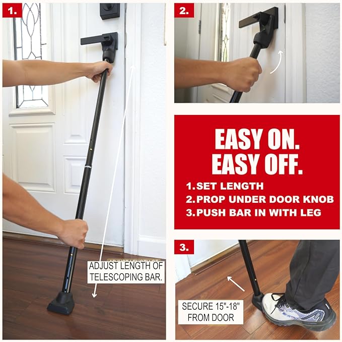 SECURITYMAN 3 in 1 Door Security Bar & Sliding Door Security Bar - Door Jammer Constructed of High Grade Iron - Black Door Stoppers Security Bar