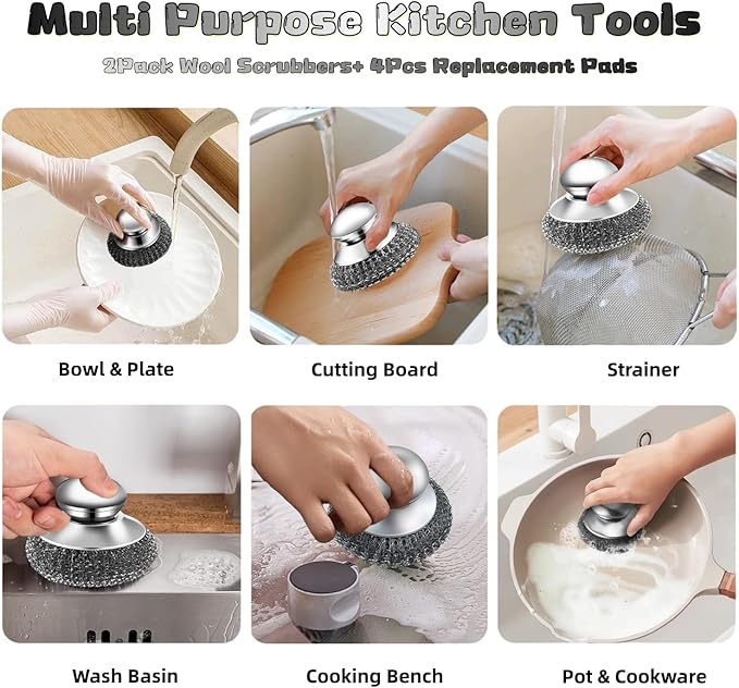 Stainless Steel Scrubber, 2 Scrubber with Handled + 4 Pads Heavy Duty Metal Wire Cleaner for Kitchen Pots, Pans, Ovens & Bathroom Stains, Rust & Grease Remover