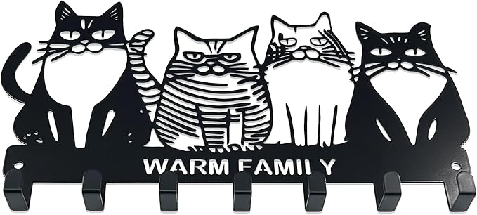 Key Holder for Wall, 11.88'' x 7'' Black Metal Cat Shape Decoration Key Hook Wall Mount Key Rack Hanger Storage Organizer with 7 Hooks for Home Doors Entryway Kitchen Garage Decor