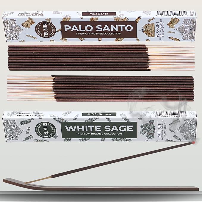Trumiri Incense Sticks - Combo Pack of 40 Insence-Sticks - 20 Palo Santo + 20 White Sage - Cleansing Insense - Insents - Incents - Inscense - Incence - Incienso - All Natural Non Toxic Incense Sticks