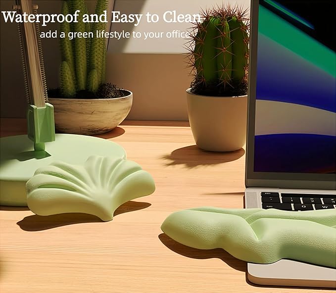 Angel Wing Wrist Rest Ergonomic Memory Foam Wrist Rest for Computer Keyboard Mouse Set, Cute Gaming Keyboard Cushion Hand Support PU Leather Surface Anti-Slip Waterproof Green-Leaf