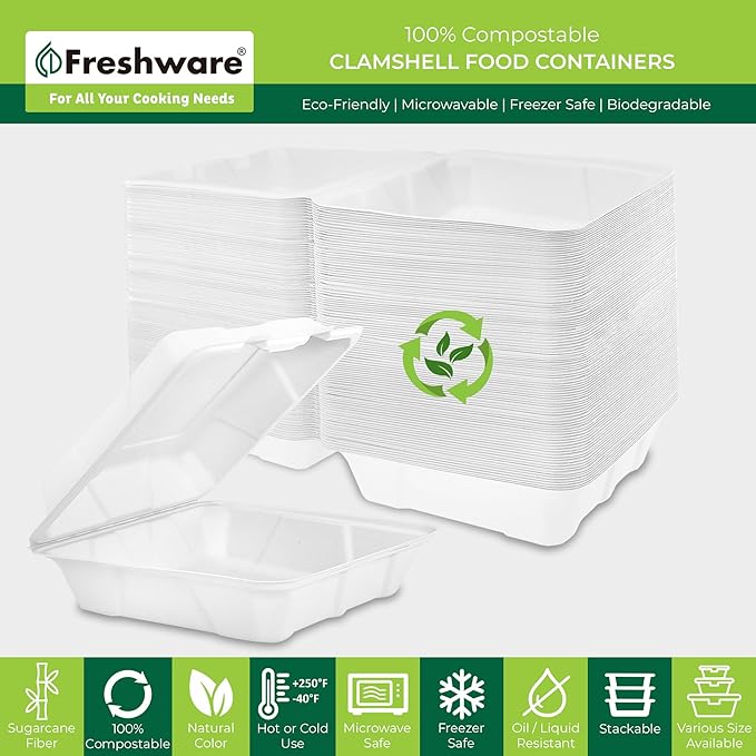 Freshware Clamshell Food Containers with Lids [8x8 200-Pack] Disposable To Go Containers, Biodegradable Sugarcane To Go Boxes - Paper Container - Microwave & Freezer Safe, Stackable