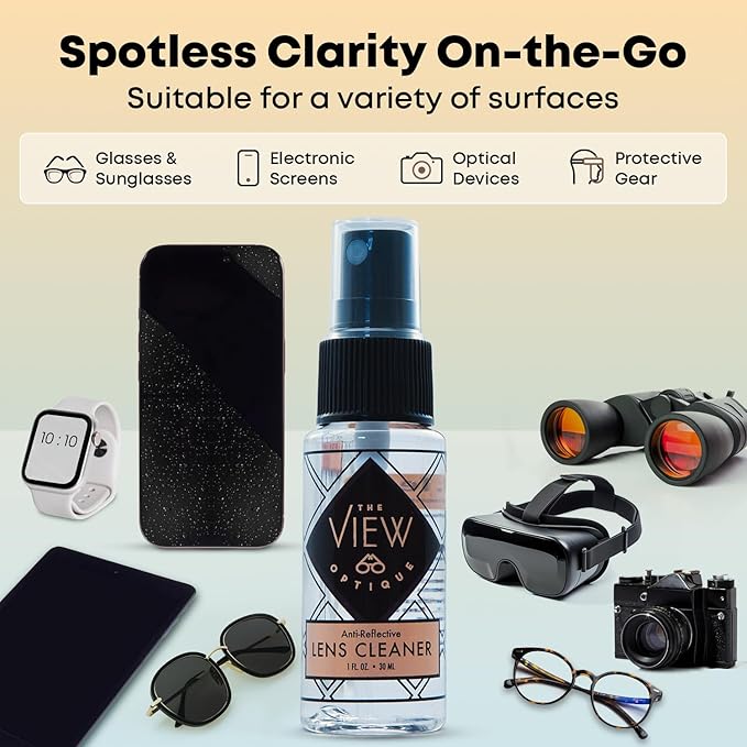 Anti-Reflective Lens Cleaner Spray Kit – (1) 8oz & (1) 1oz Glasses Cleaner Spray for Eyeglasses, Sunglasses, Lenses, Screens & Camera Cleaning Kit (2 Piece Set)