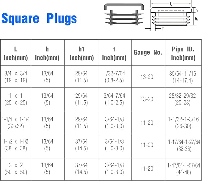 1-1/4Inch Square Plastic Plug, End Caps for Tubing Pipe OD 1-1/4" x 1-1/4" (not ID), Steel Chair Leg End Caps, Bar Stool Glides Inserts, Fence Plugs, Furniture or Fitness Equipment End Caps (12 Packs)