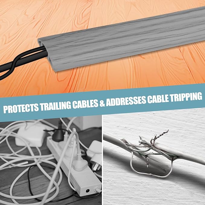 Floor Cord Cover Self Adhesive Cord Hider,3.3FT Cable Management, Extension Strip Protector for Wires, Prevent Cable Trips for Offices, Gyms, Exhibitions Cavity:0.51"(W) x 0.3"(H) Gray Wood