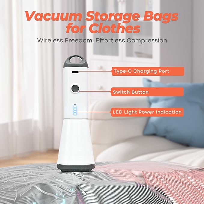 Vacbird Vacuum Seal Bags for Clothing with Rechargeable Cordless Pump, 24 Pack Vacuum Storage Bags, Compression Packing for Clothes Bedding Blanket Pillows Comforters