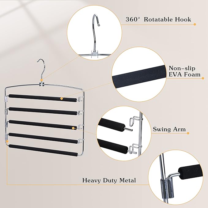 TOPIA HANGER Pants Hangers Space Saving, 3-Pack Swing Arm Pants Organizer for Closet, Non-Slip Foam Padded Organizer Hanger for Multi Slacks, Jeans, Trousers, Skirts, Scarfs (Black)-CT27B