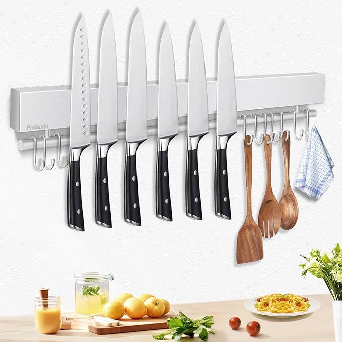 20 inch magnetic knife holder with 10 hooks, no drilling knife magnetic strip, and utensil hanger for wall. Powerful knife magnet rack includes tape and screws