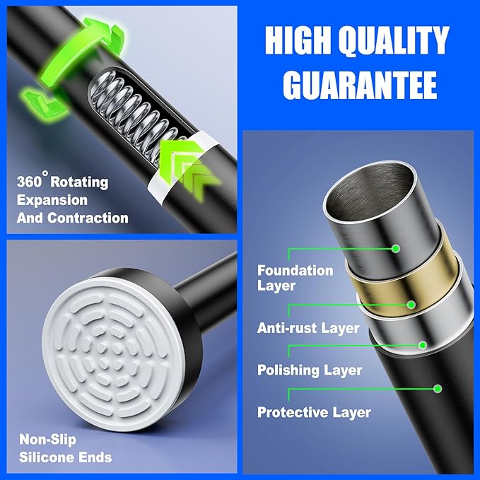 Ausemku Shower Curtain Rod - 32-104 Inch Rustproof Tension Rod, Non-Slip Spring Design, No Drilling Adjustable Curtain Rod for Bathroom, Kitchen, and Closet (Black)