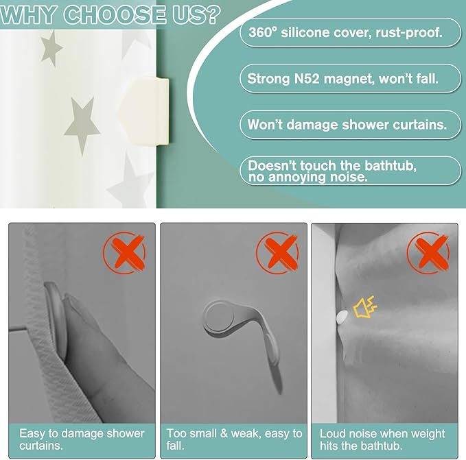 6 Pack Magnetic Silicone Shower Curtain Clips for Liners, Self-Adhesive Waterproof Splash Guards, Strong Magnet Curtain Holders Keep Liner Sealed to Wall, Windproof Easy Installation No-Drill (White)
